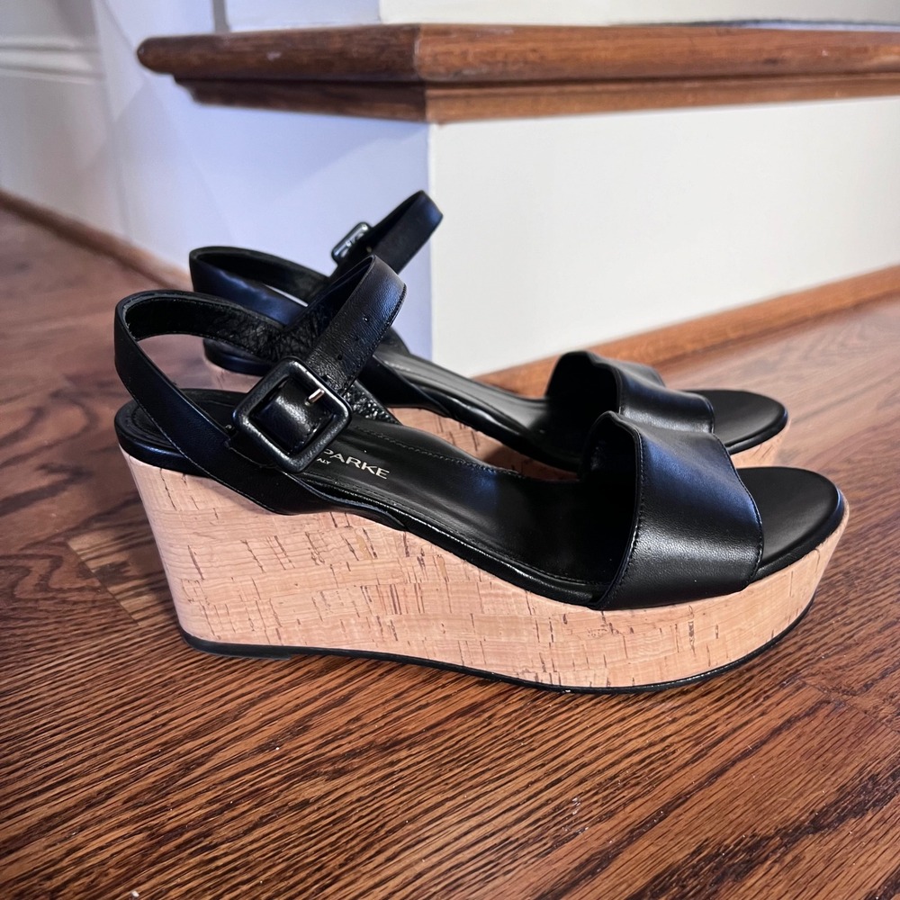 Marion Parke Black Leather Cork Platform Wedge Sandals Ankle Strap Made Italy 39